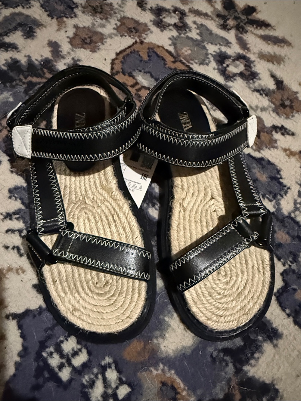 Zara Black Stitched Flat Sandals